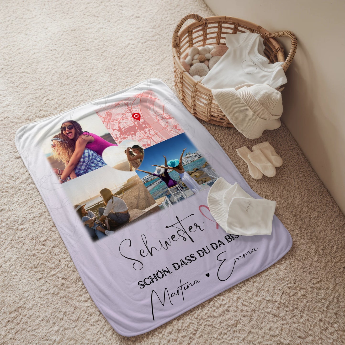 Personalisierte Decke Schwester mit 3 Fotos und Herz Foto Karte individuell gestaltet 2