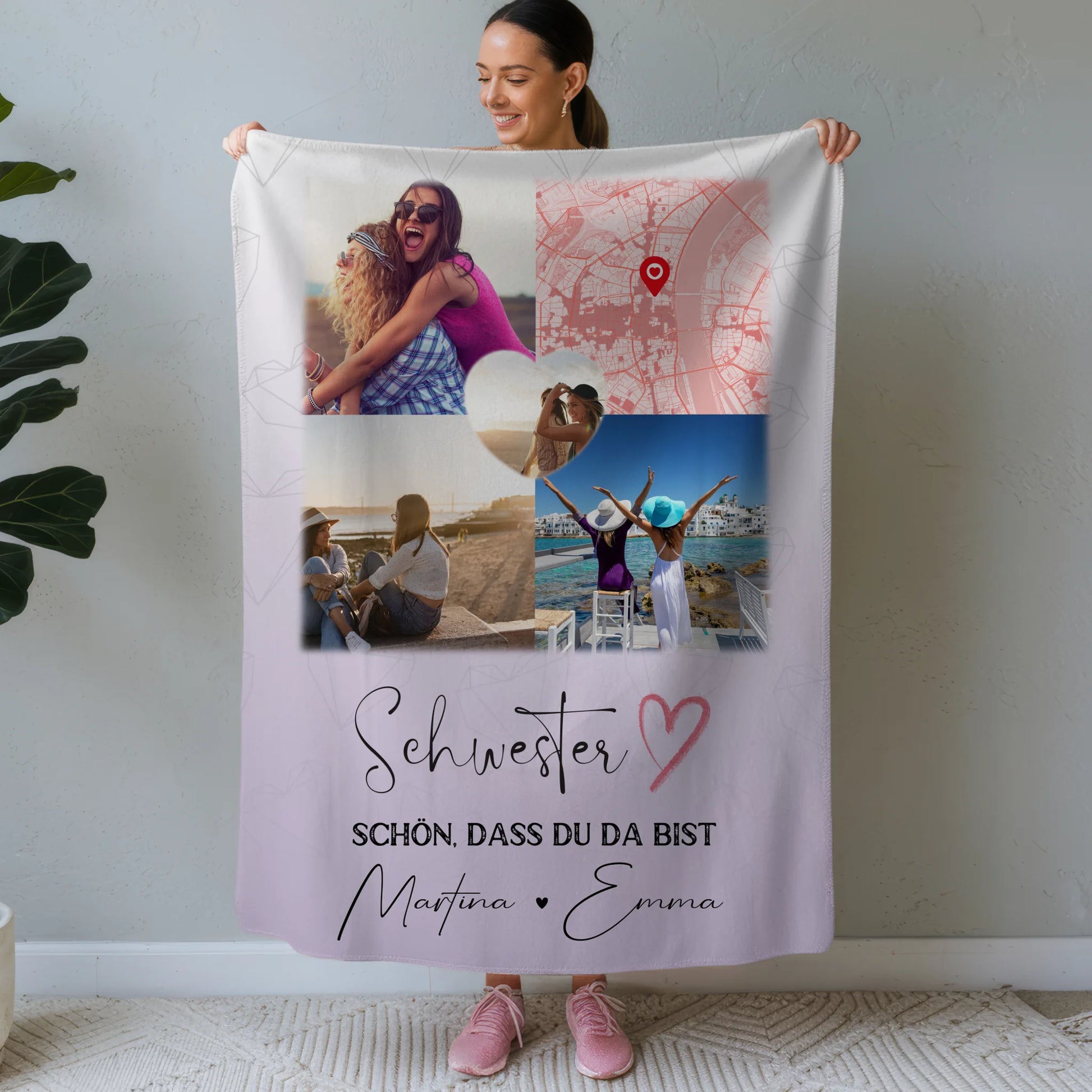 Personalisierte Decke Schwester mit 3 Fotos und Herz Foto Karte individuell gestaltet 1