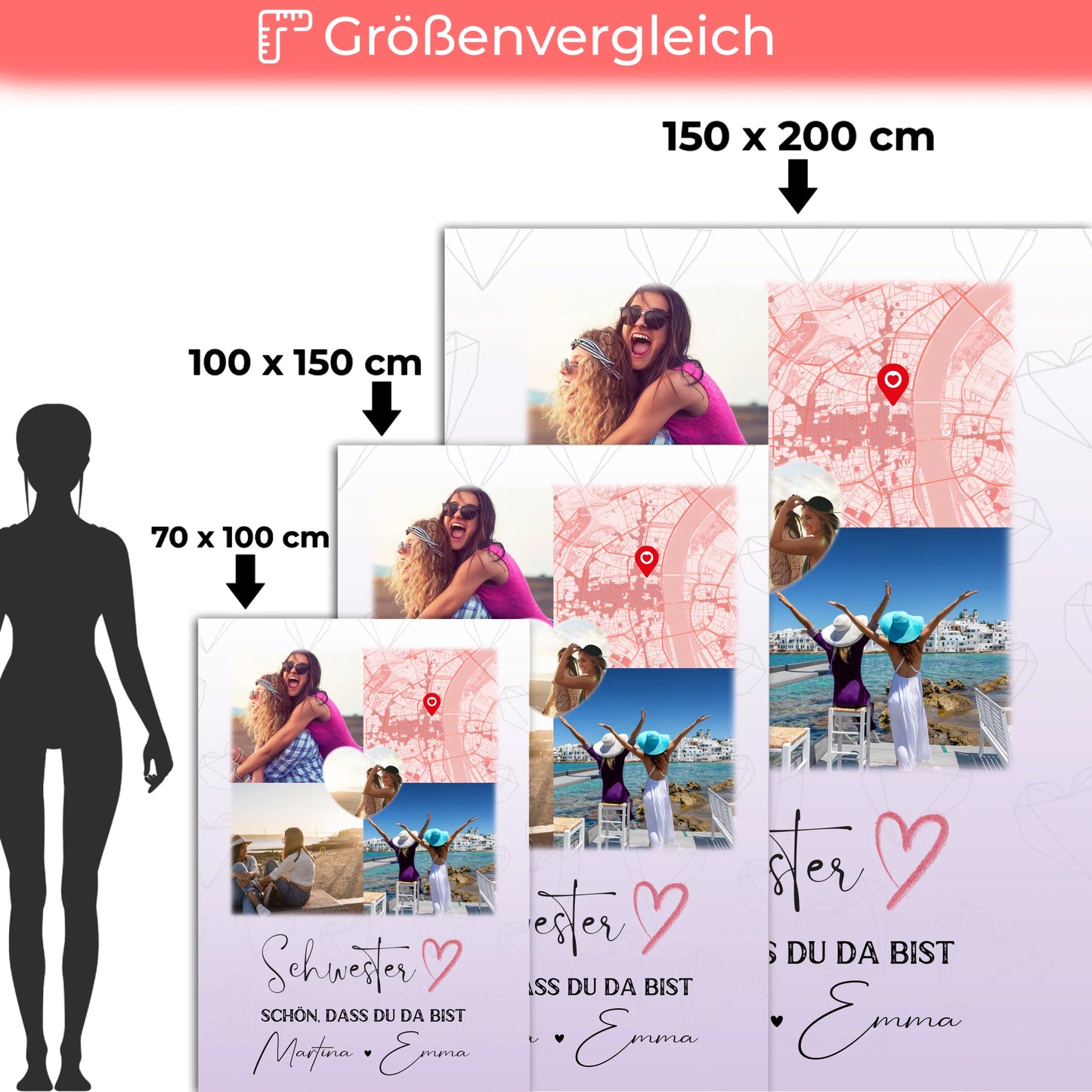 Personalisierte Decke Schwester mit 3 Fotos und Herz Foto Karte individuell gestaltet 5