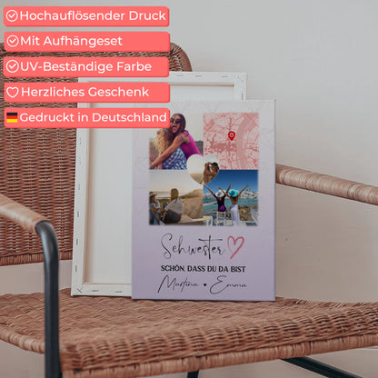 Personalisierte Schwester Leinwand mit 3 Fotos und Herz Foto Karte Geschenkidee