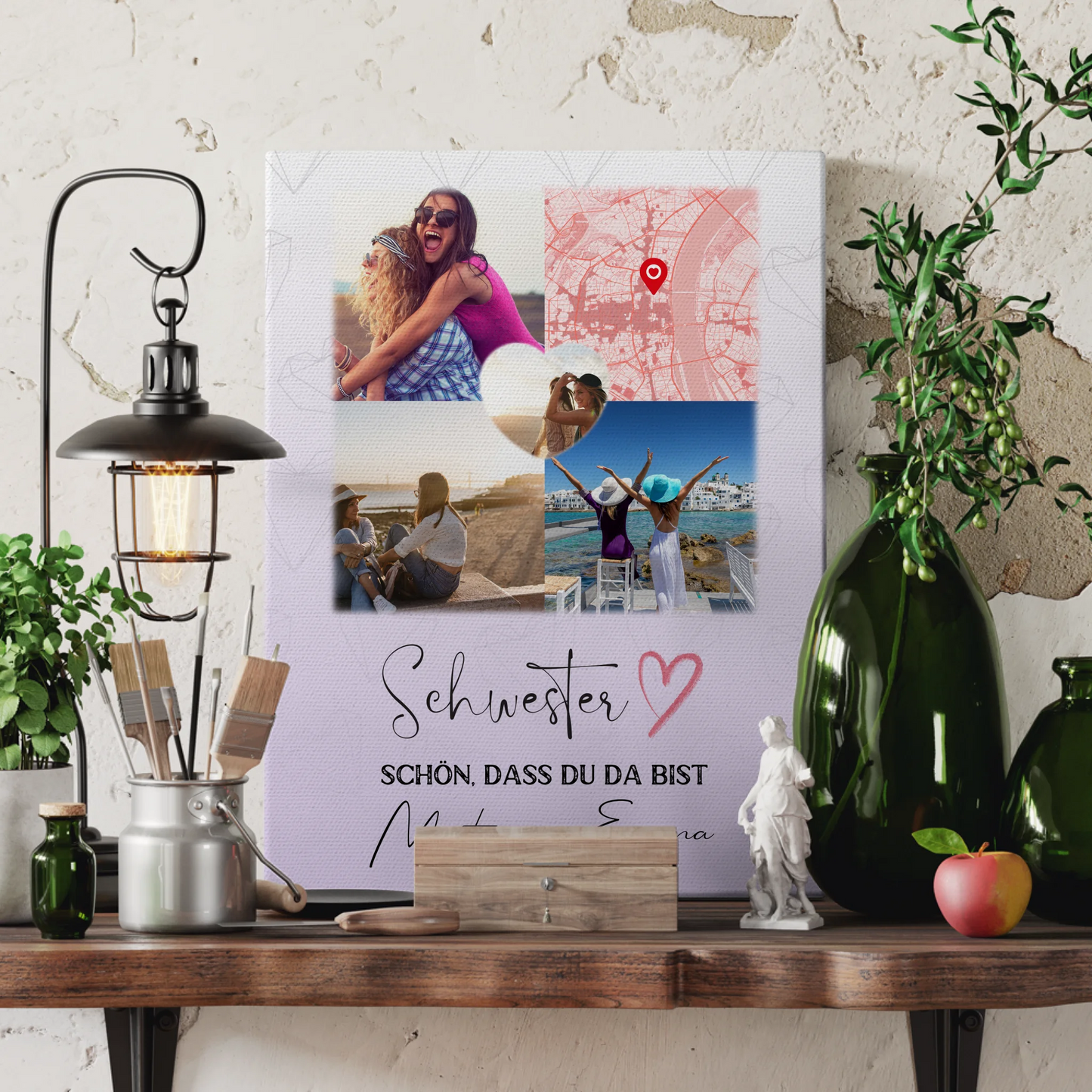 Personalisierte Schwester Leinwand mit 3 Fotos und Herz Foto Karte Geschenkidee