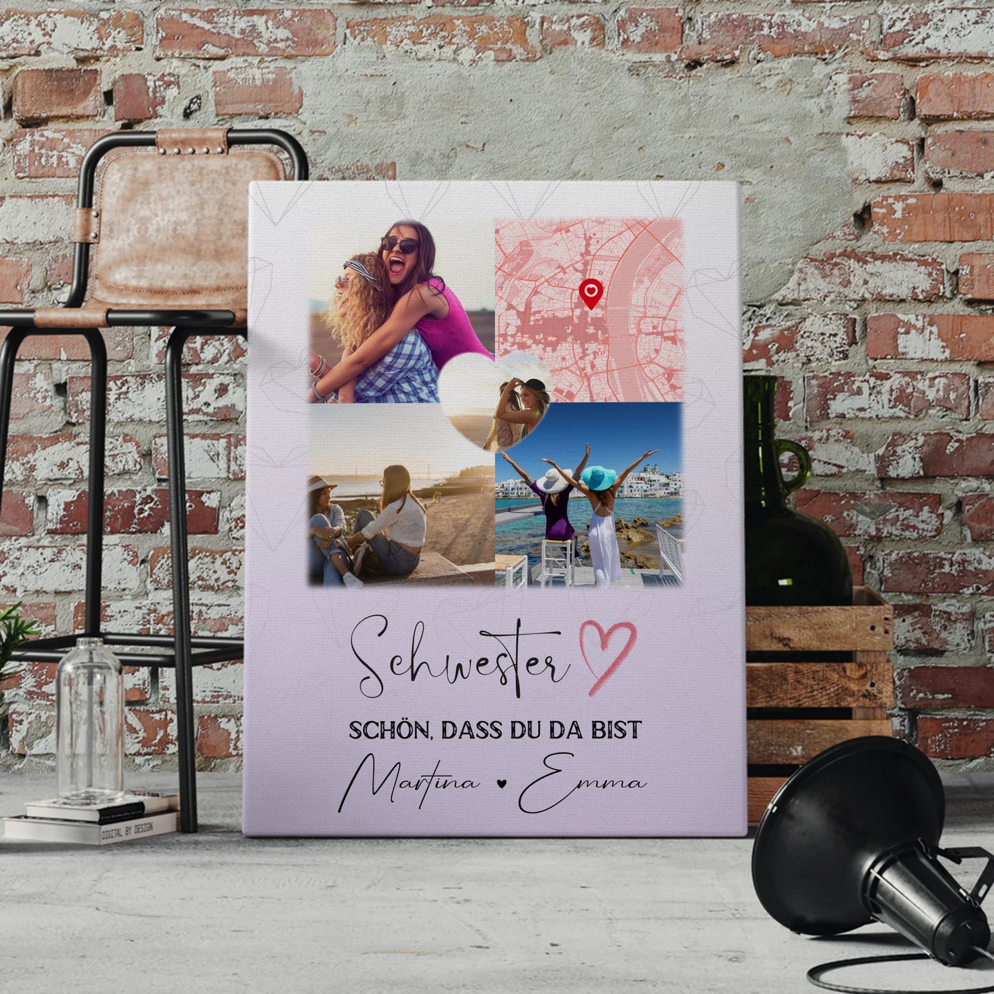 Personalisierte Schwester Leinwand mit 3 Fotos und Herz Foto Karte Geschenkidee