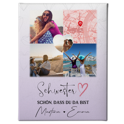 Personalisierte Schwester Leinwand mit 3 Fotos und Herz Foto Karte Geschenkidee