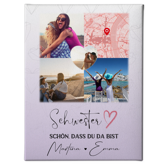Personalisierte Schwester Leinwand mit 3 Fotos und Herz Foto Karte Geschenkidee