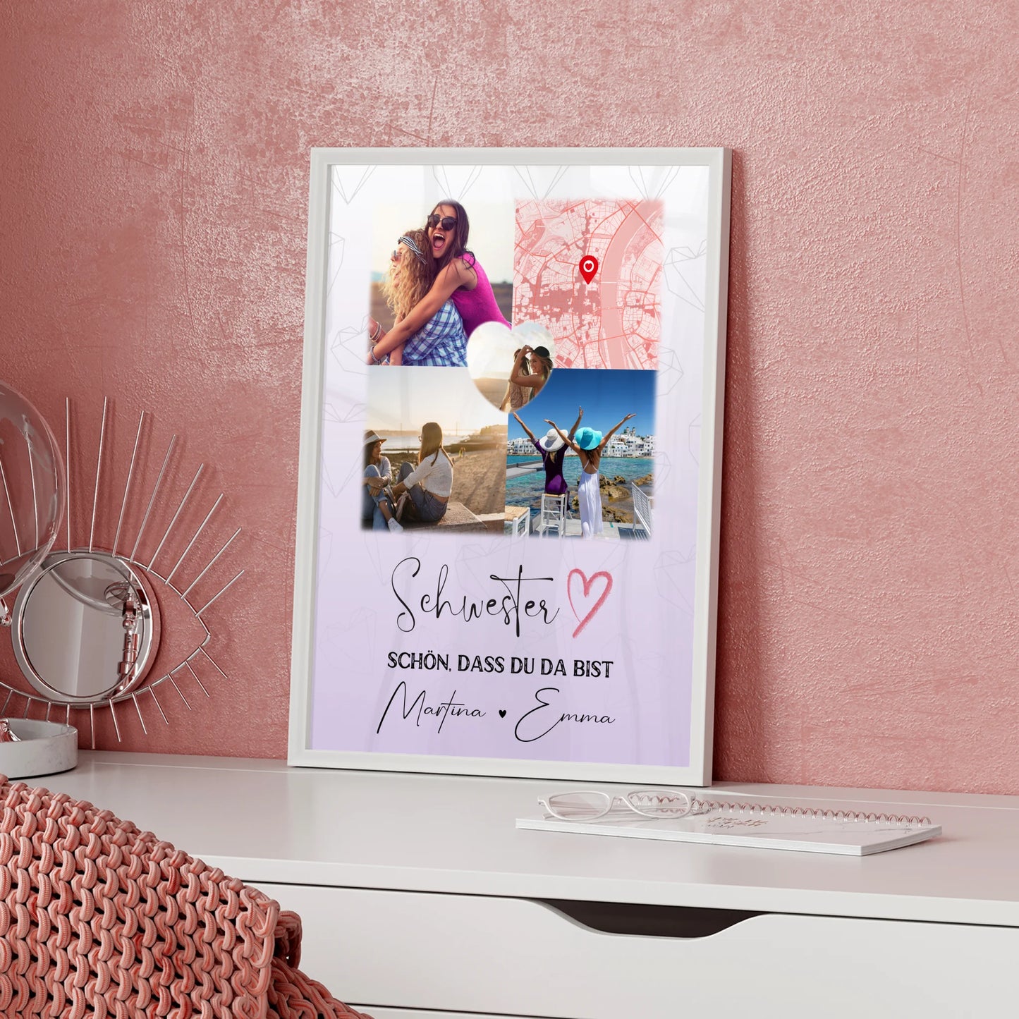 Schwester Poster personalisiert mit 3 Fotos davon 1 Herz Foto und Karte als Geschenk