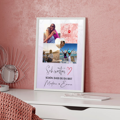 Schwester Poster personalisiert mit 3 Fotos davon 1 Herz Foto und Karte als Geschenk