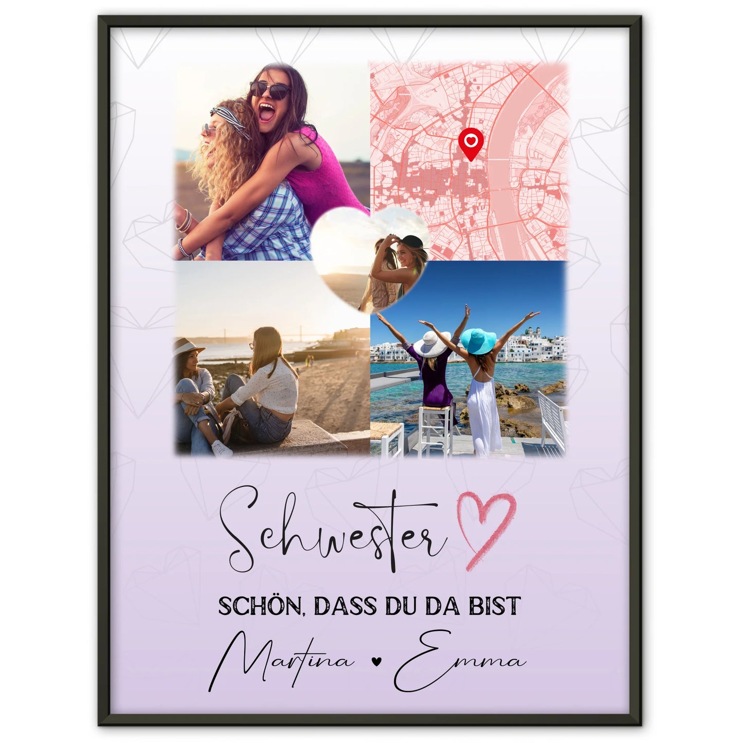 Schwester Poster personalisiert mit 3 Fotos davon 1 Herz Foto und Karte als Geschenk