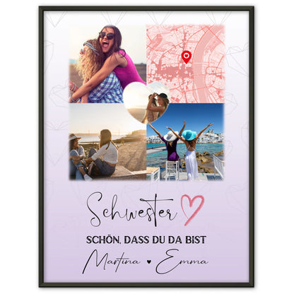 Schwester Poster personalisiert mit 3 Fotos davon 1 Herz Foto und Karte als Geschenk