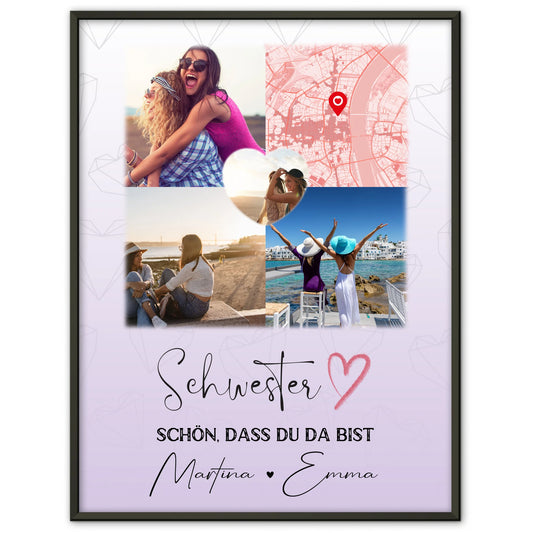 Schwester Poster personalisiert mit 3 Fotos davon 1 Herz Foto und Karte als Geschenk