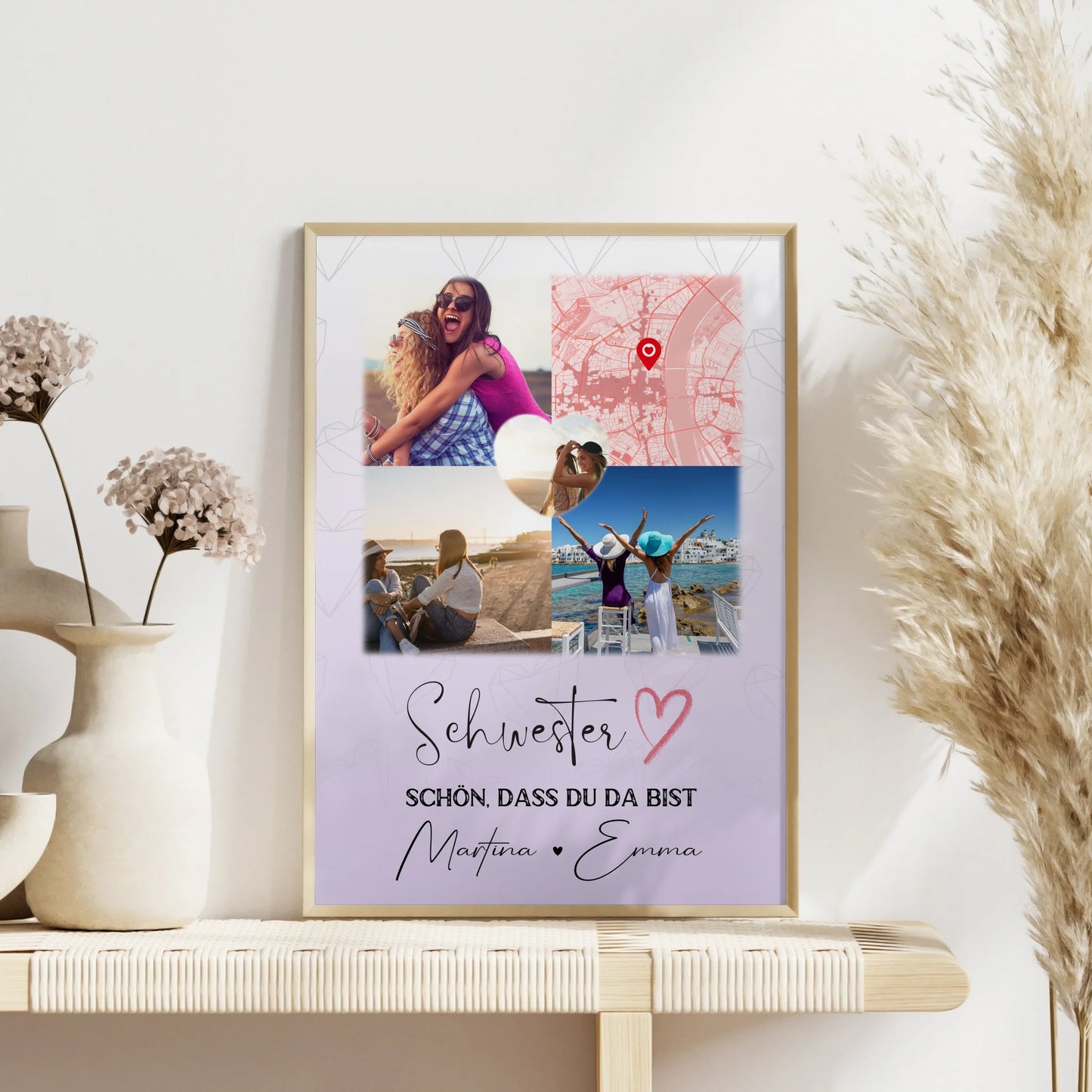 Schwester Poster personalisiert mit 3 Fotos davon 1 Herz Foto und Karte als Geschenk
