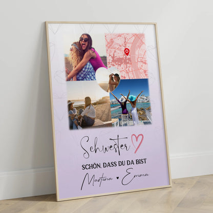 Schwester Poster personalisiert mit 3 Fotos davon 1 Herz Foto und Karte als Geschenk