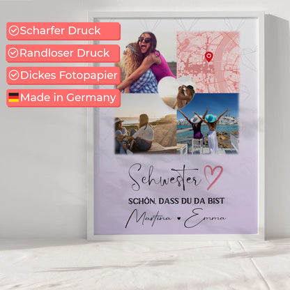Schwester Poster personalisiert mit 3 Fotos davon 1 Herz Foto und Karte als Geschenk