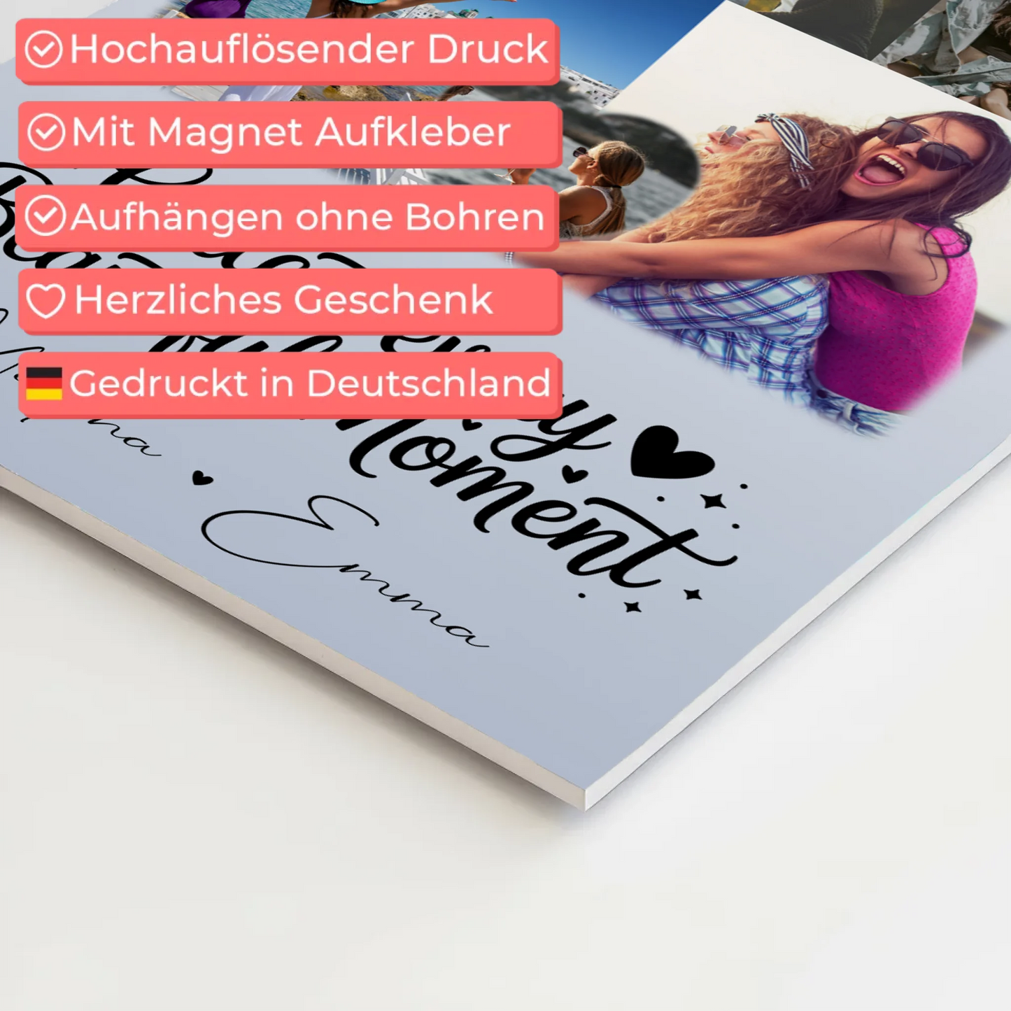 Personalisierbares Fotoboard Magnet Poster mit 8 Fotos und 1 Herz Foto für individuelle Geschenke