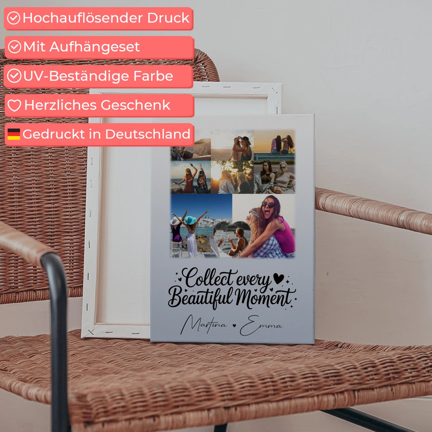 Personalisierte Leinwand Schwester mit 8 Fotos und 1 Herz Foto Geschenk für Geschwister