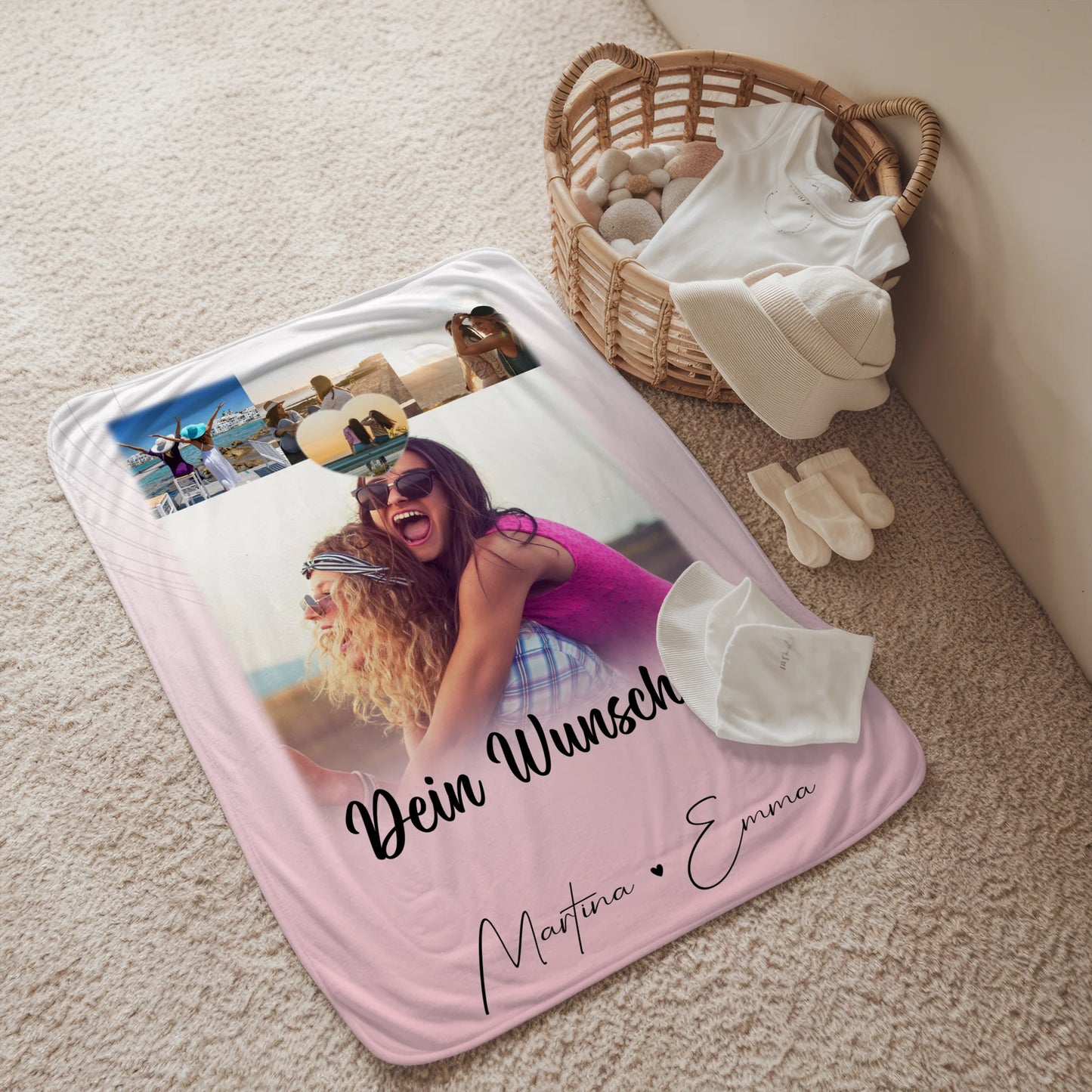 Personalisierte Decke für Schwester mit 4 Fotos 1 Kleines Herz Foto und Wunschtext 2