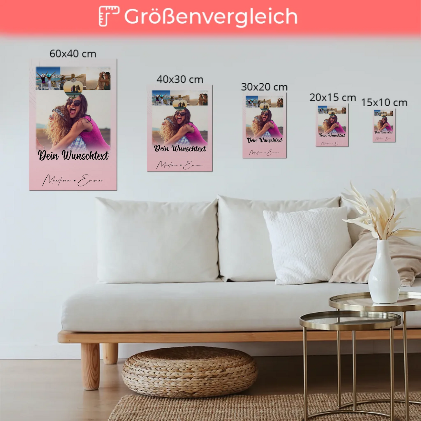 Personalisierbares Fotoboard Poster Magnetisch mit 4 Fotos 1 Herz Wunschtext Geschenk