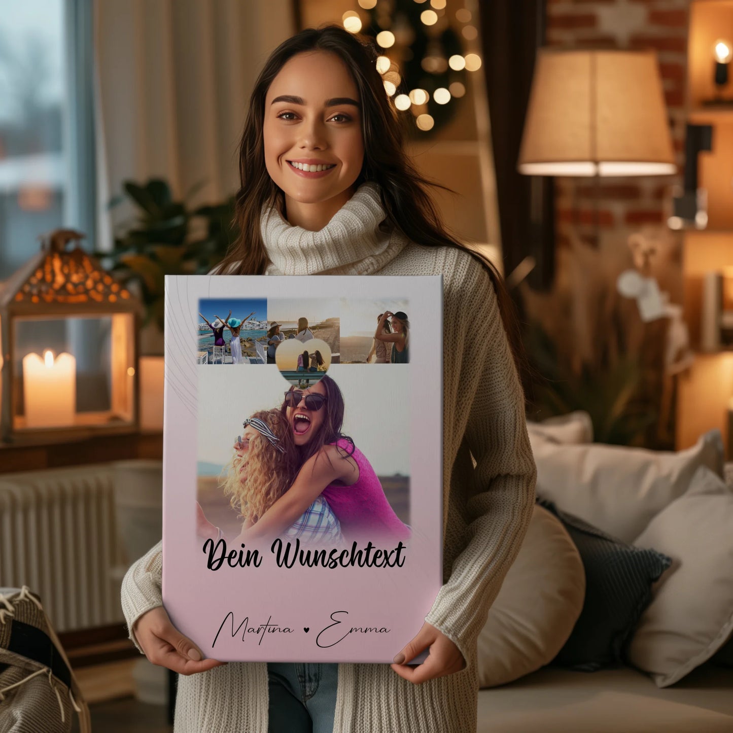 Personalisierte Leinwand Schwester mit 4 Fotos 1 Kleines Herz Foto und Wunschtext
