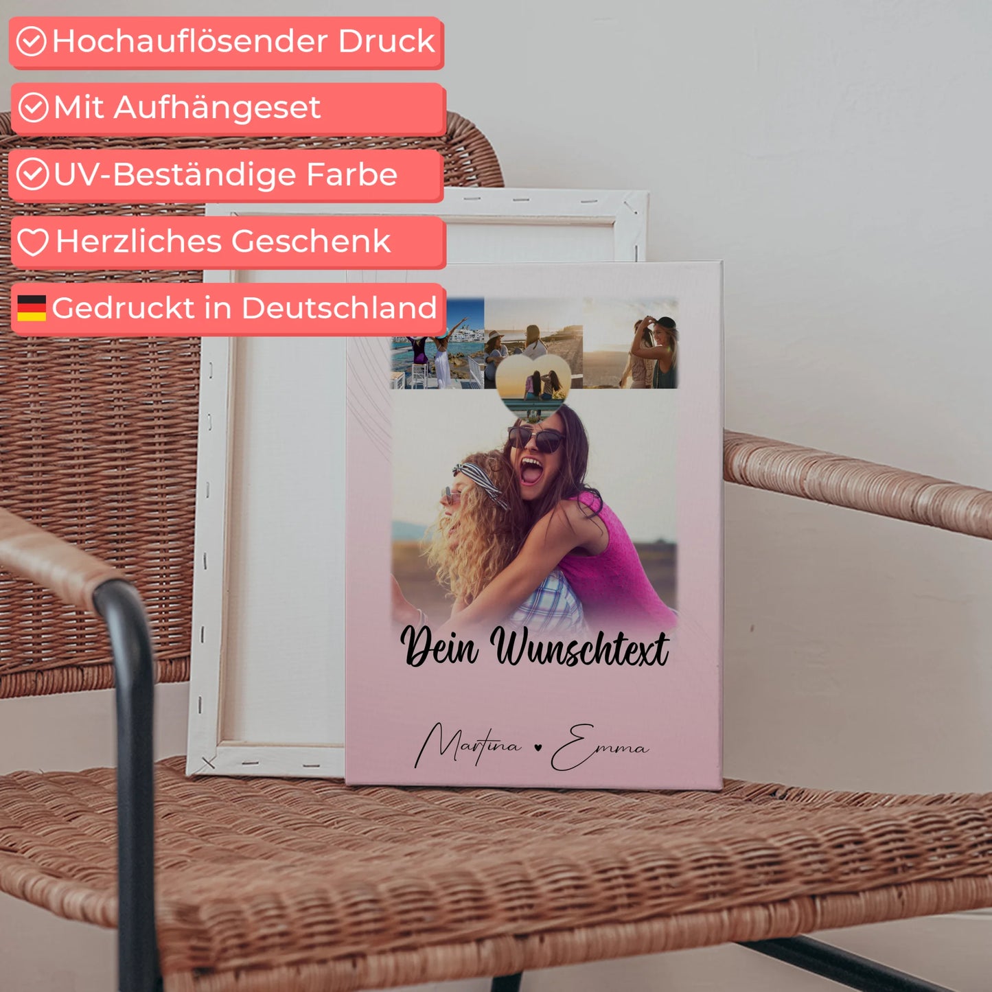 Personalisierte Leinwand Schwester mit 4 Fotos 1 Kleines Herz Foto und Wunschtext