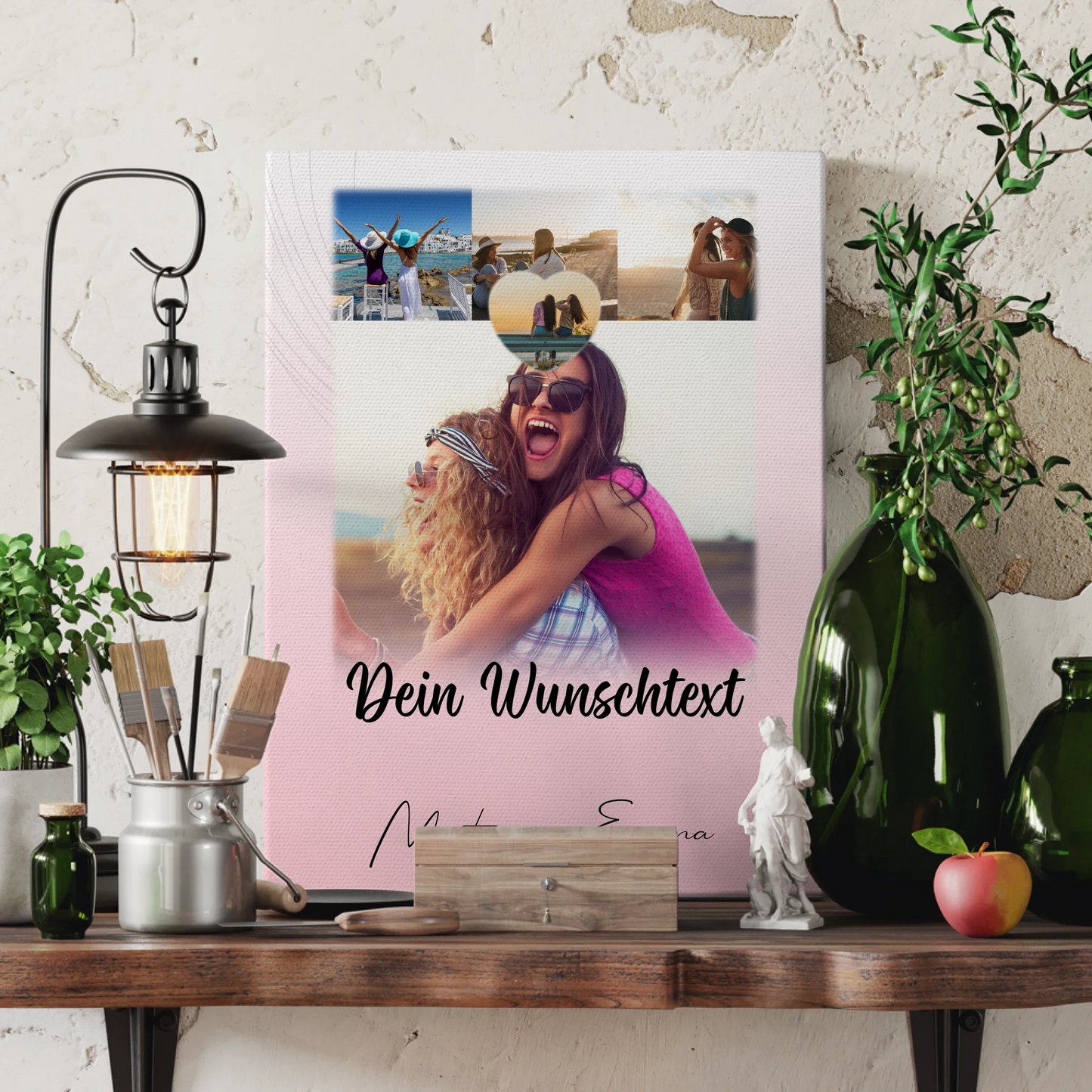Personalisierte Leinwand Schwester mit 4 Fotos 1 Kleines Herz Foto und Wunschtext