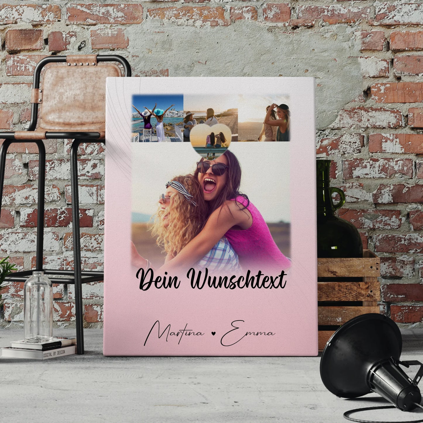 Personalisierte Leinwand Schwester mit 4 Fotos 1 Kleines Herz Foto und Wunschtext
