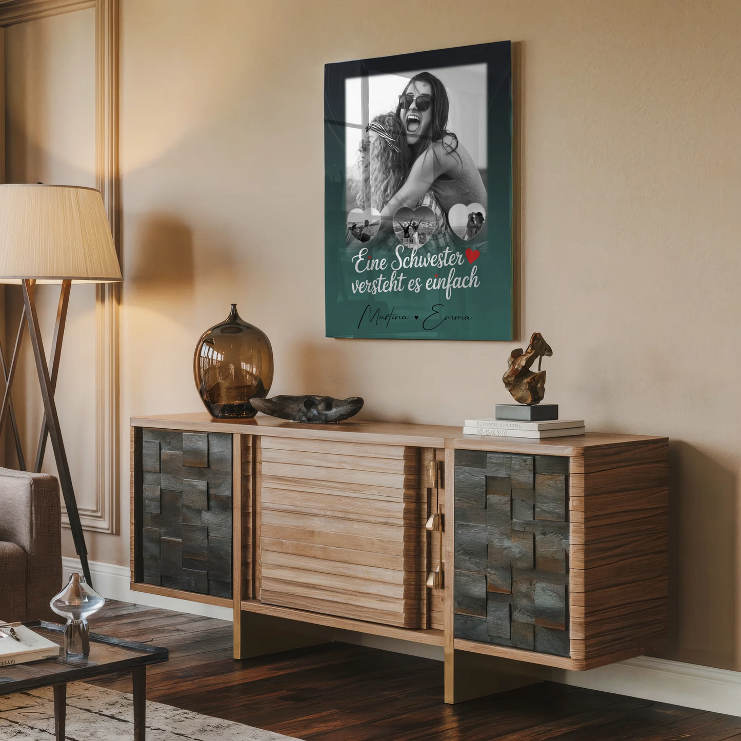 Personalisierte Foto Acrylglas mit 1 Foto und 3 kleine Herz Fotos für einzigartige Geschenke