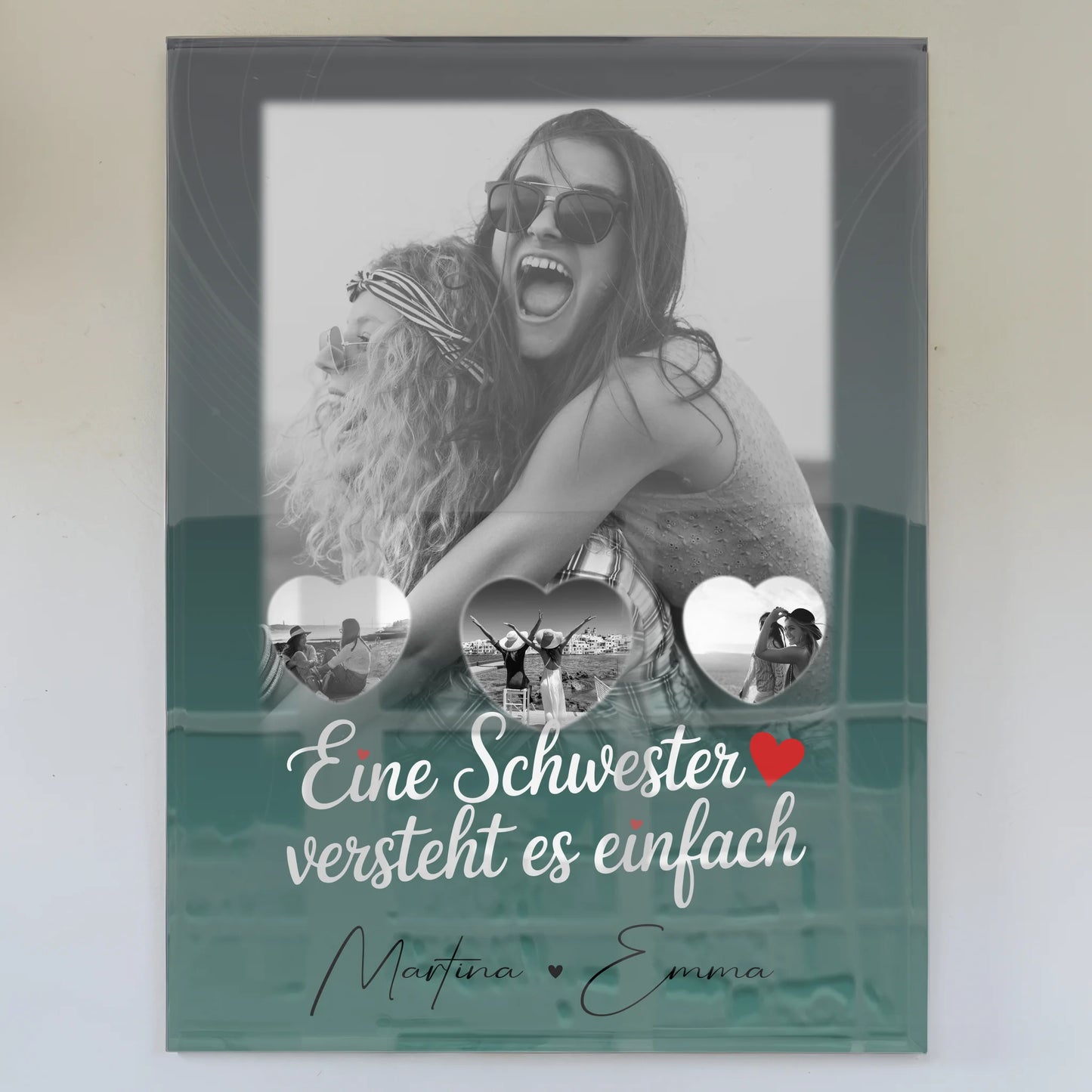 Personalisierte Foto Acrylglas mit 1 Foto und 3 kleine Herz Fotos für einzigartige Geschenke
