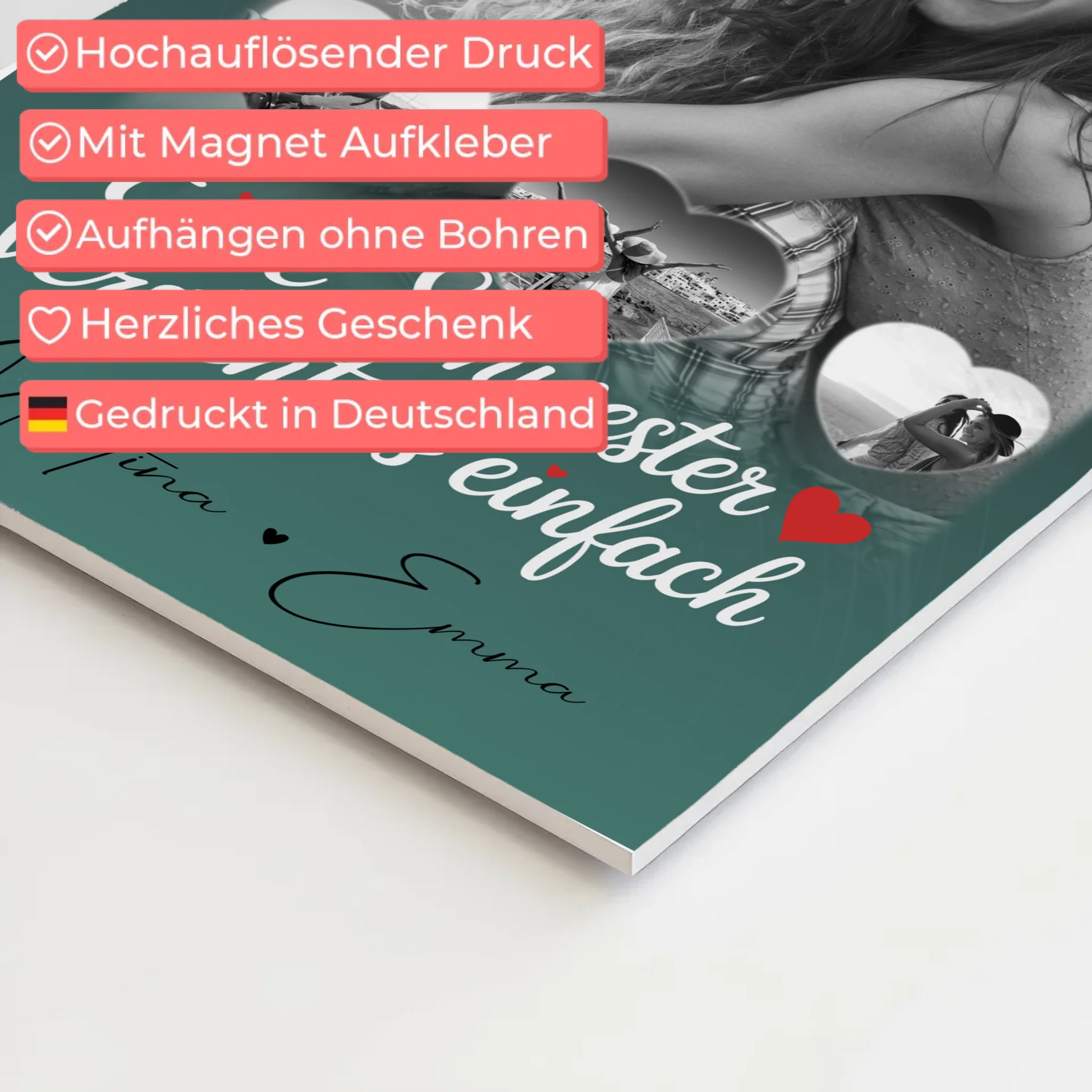 Magnetposter Fotoboard mit 1 Foto und 3 kleinen Herz Fotos personalisiertes Geschenk 4