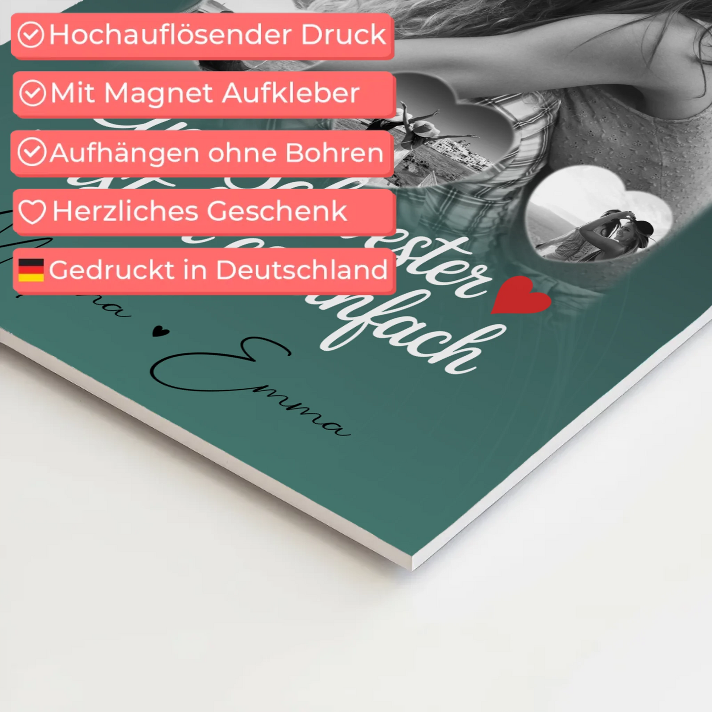 Magnetposter Fotoboard mit 1 Foto und 3 kleinen Herz Fotos personalisiertes Geschenk 10