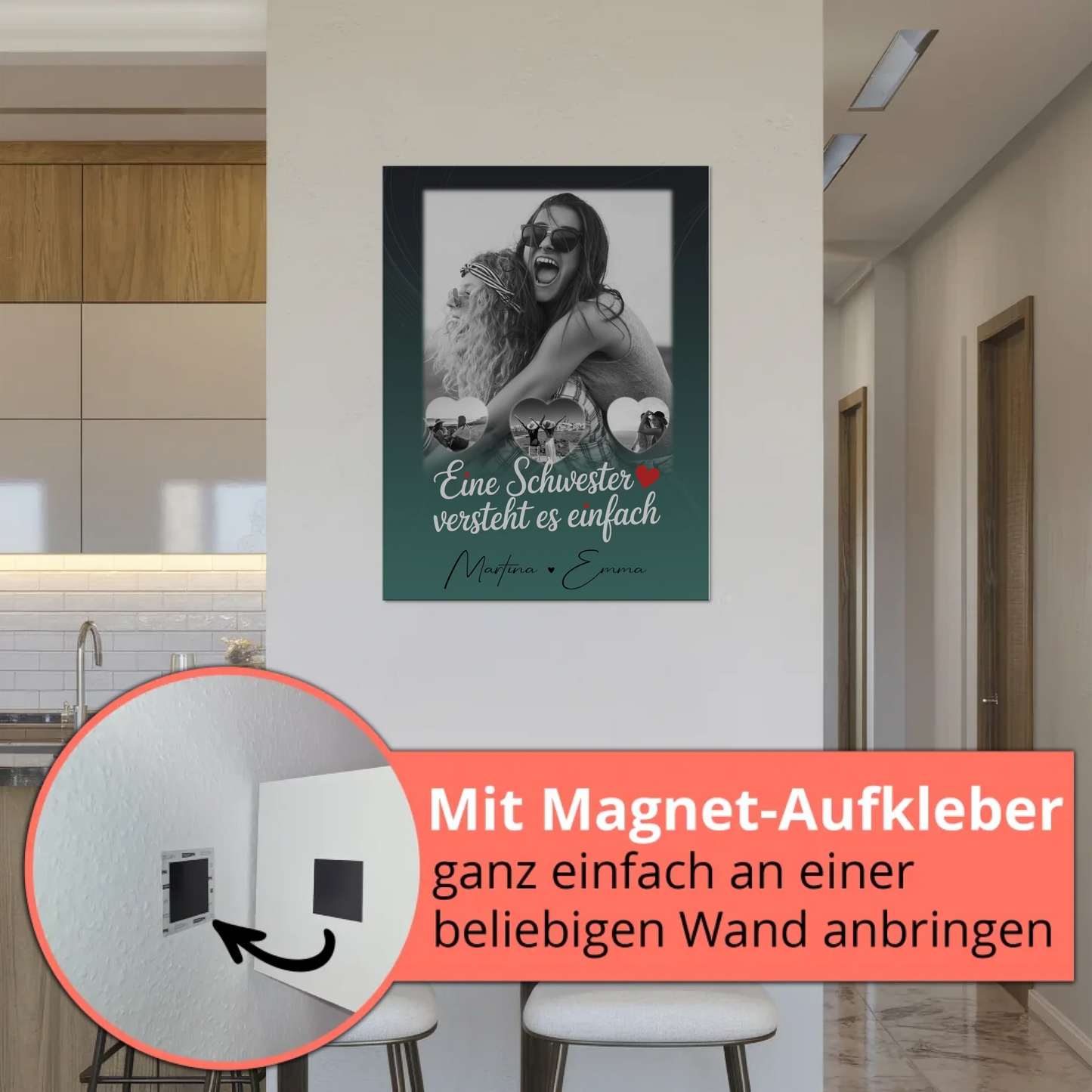 Magnetposter Fotoboard mit 1 Foto und 3 kleinen Herz Fotos personalisiertes Geschenk