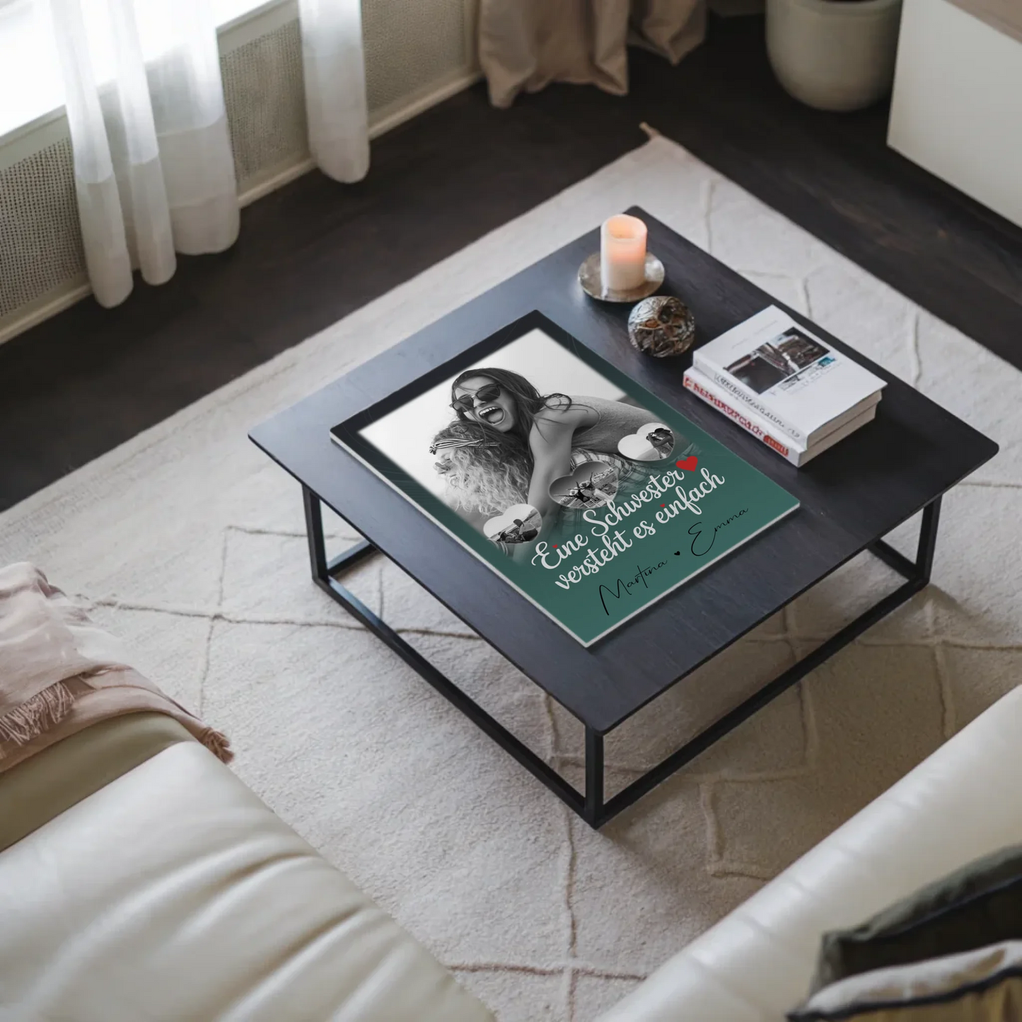 Magnetposter Fotoboard mit 1 Foto und 3 kleinen Herz Fotos personalisiertes Geschenk