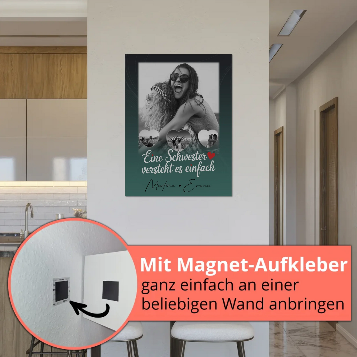 Magnetposter Fotoboard mit 1 Foto und 3 kleinen Herz Fotos personalisiertes Geschenk