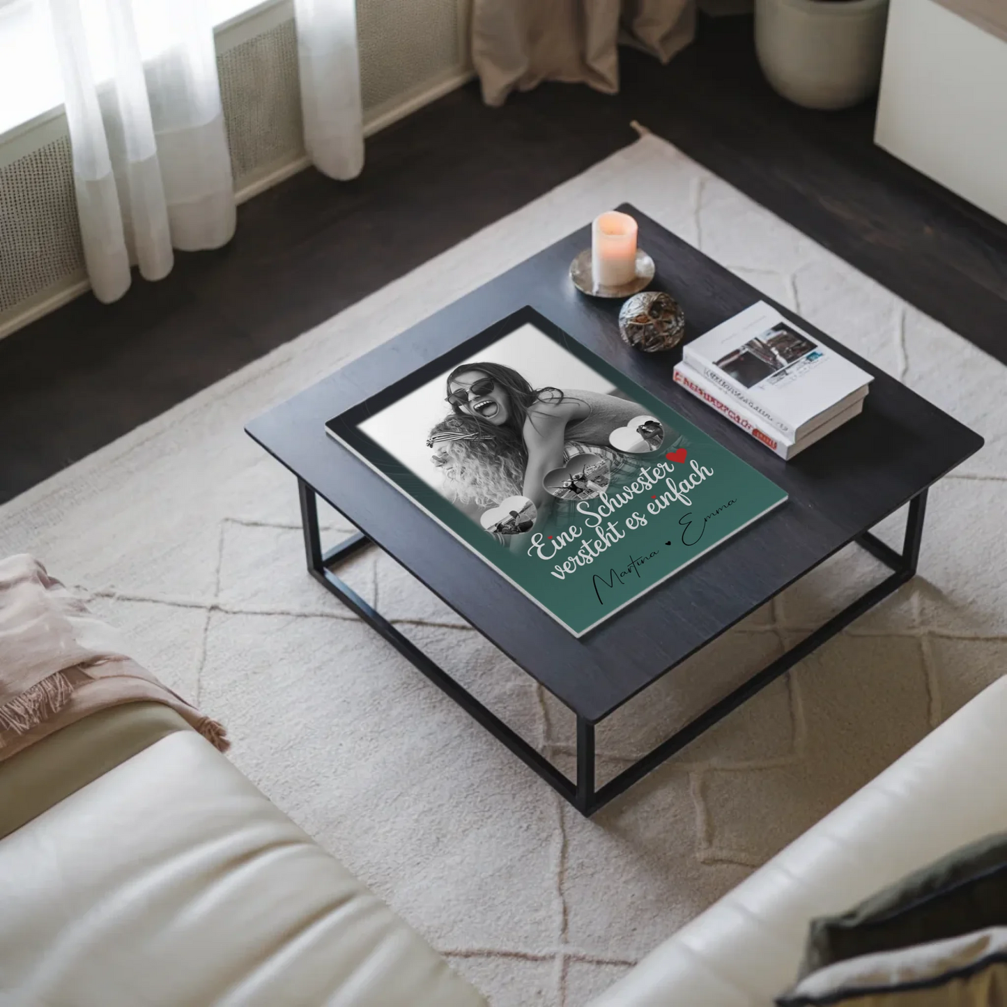 Magnetposter Fotoboard mit 1 Foto und 3 kleinen Herz Fotos personalisiertes Geschenk