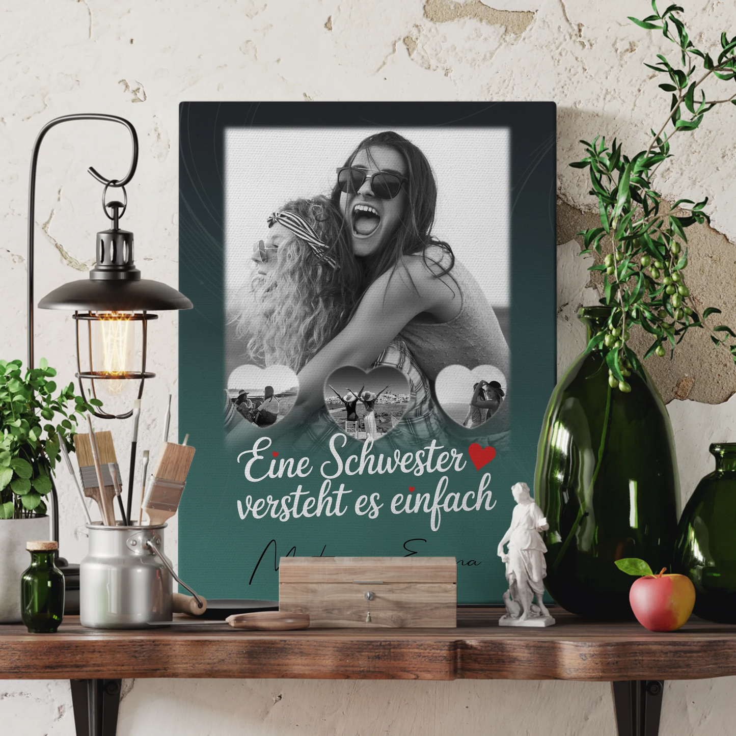 Personalisierte Schwester Leinwand mit 1 Foto und 3 Kleine Herz Fotos