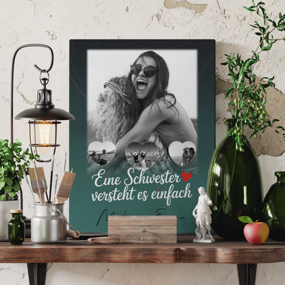 Personalisierte Schwester Leinwand mit 1 Foto und 3 Kleine Herz Fotos
