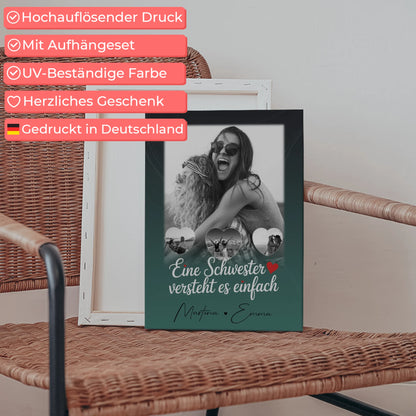 Personalisierte Schwester Leinwand mit 1 Foto und 3 Kleine Herz Fotos