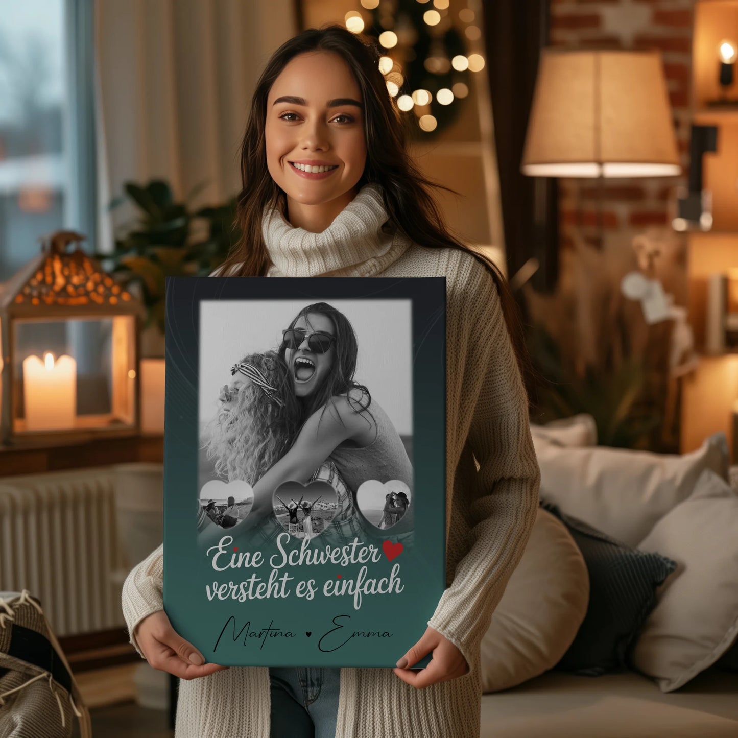 Personalisierte Schwester Leinwand mit 1 Foto und 3 Kleine Herz Fotos