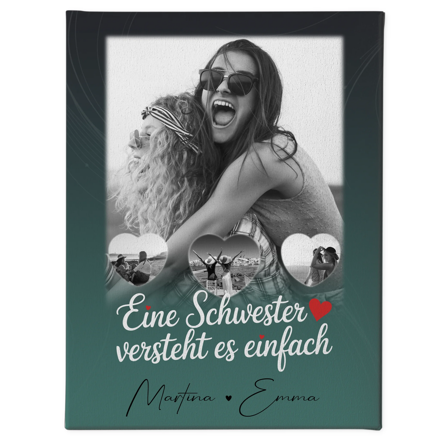 Personalisierte Schwester Leinwand mit 1 Foto und 3 Kleine Herz Fotos