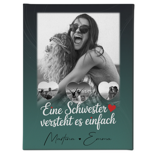 Personalisierte Schwester Leinwand mit 1 Foto und 3 Kleine Herz Fotos