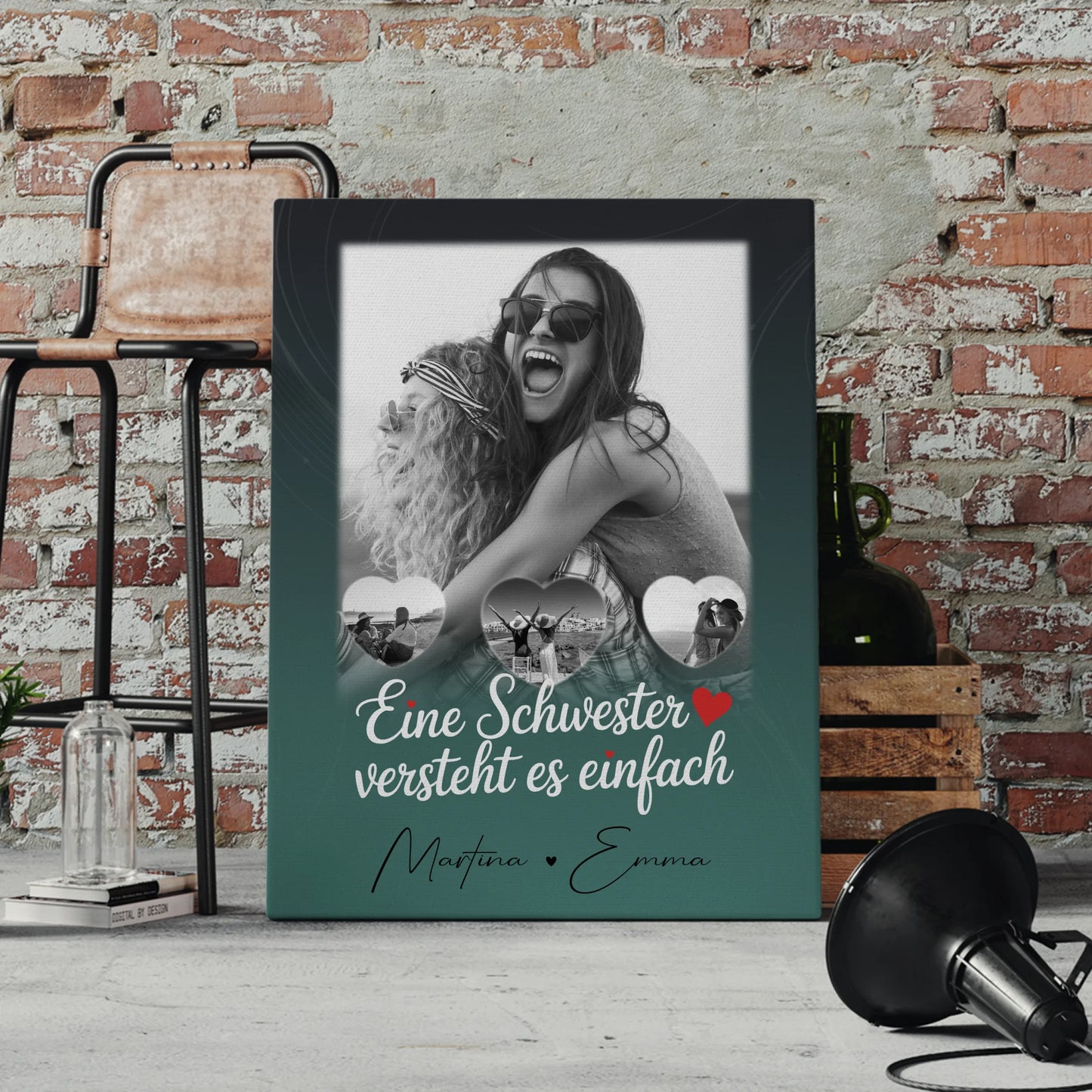 Personalisierte Schwester Leinwand mit 1 Foto und 3 Kleine Herz Fotos