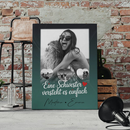Personalisierte Schwester Leinwand mit 1 Foto und 3 Kleine Herz Fotos