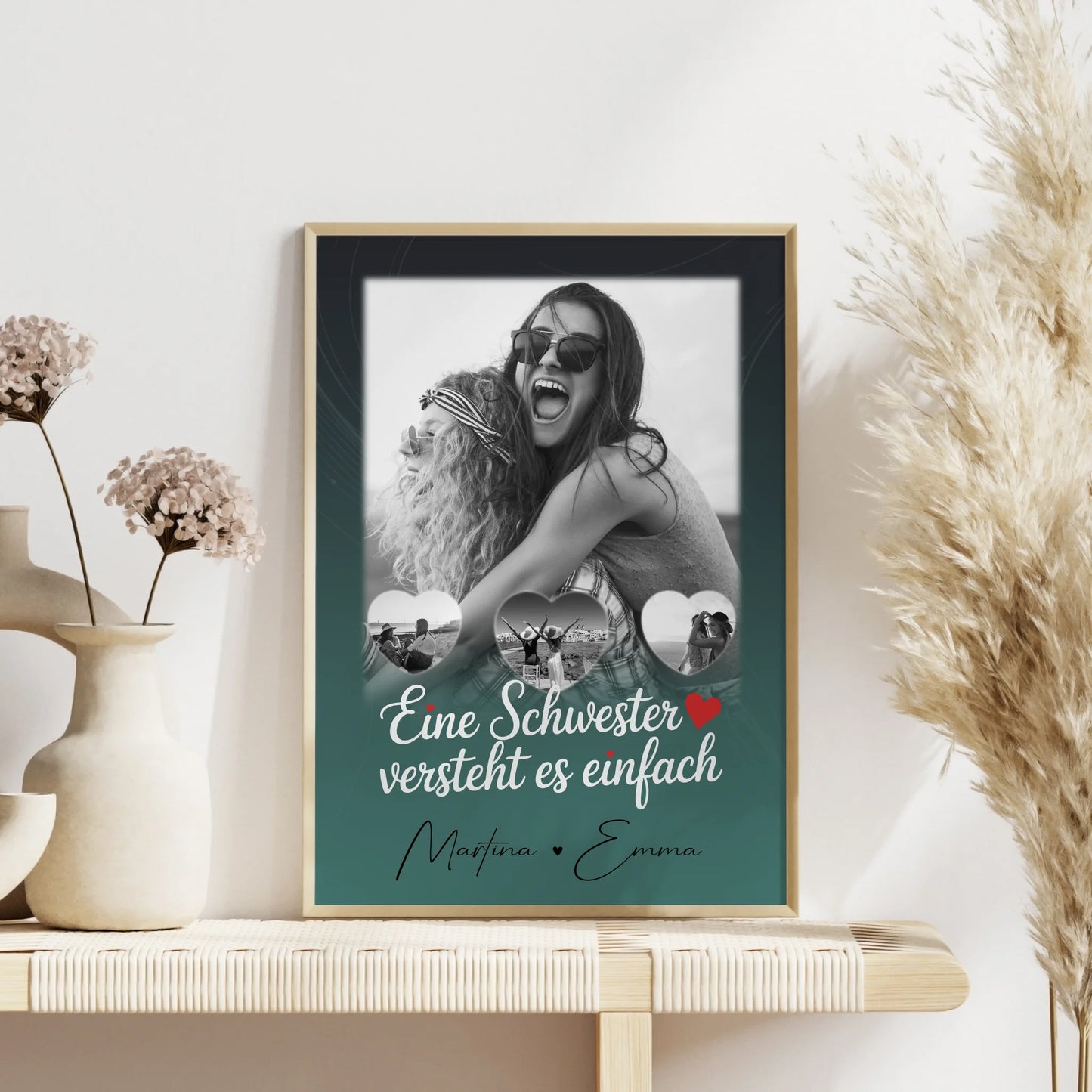 Schwester Poster Personalisiert Geschenk mit 1 Foto und 3 Kleine Herz Fotos