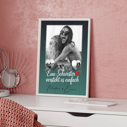 Schwester Poster Personalisiert Geschenk mit 1 Foto und 3 Kleine Herz Fotos
