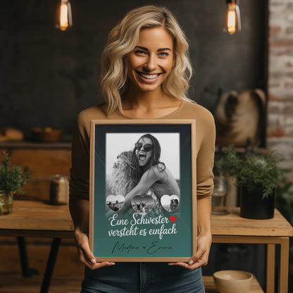 Schwester Poster Personalisiert Geschenk mit 1 Foto und 3 Kleine Herz Fotos
