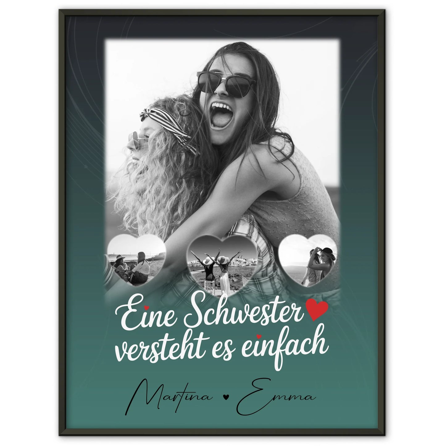 Schwester Poster Personalisiert Geschenk mit 1 Foto und 3 Kleine Herz Fotos
