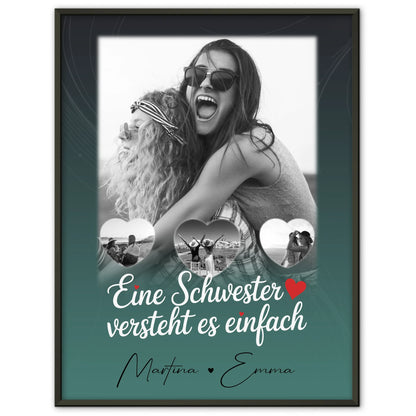 Schwester Poster Personalisiert Geschenk mit 1 Foto und 3 Kleine Herz Fotos
