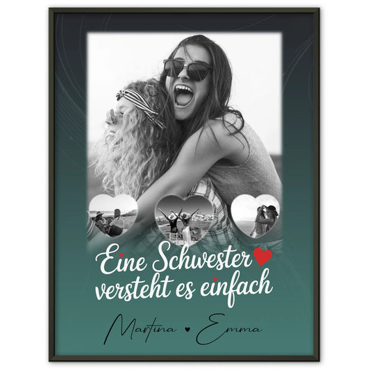 Schwester Poster Personalisiert Geschenk mit 1 Foto und 3 Kleine Herz Fotos