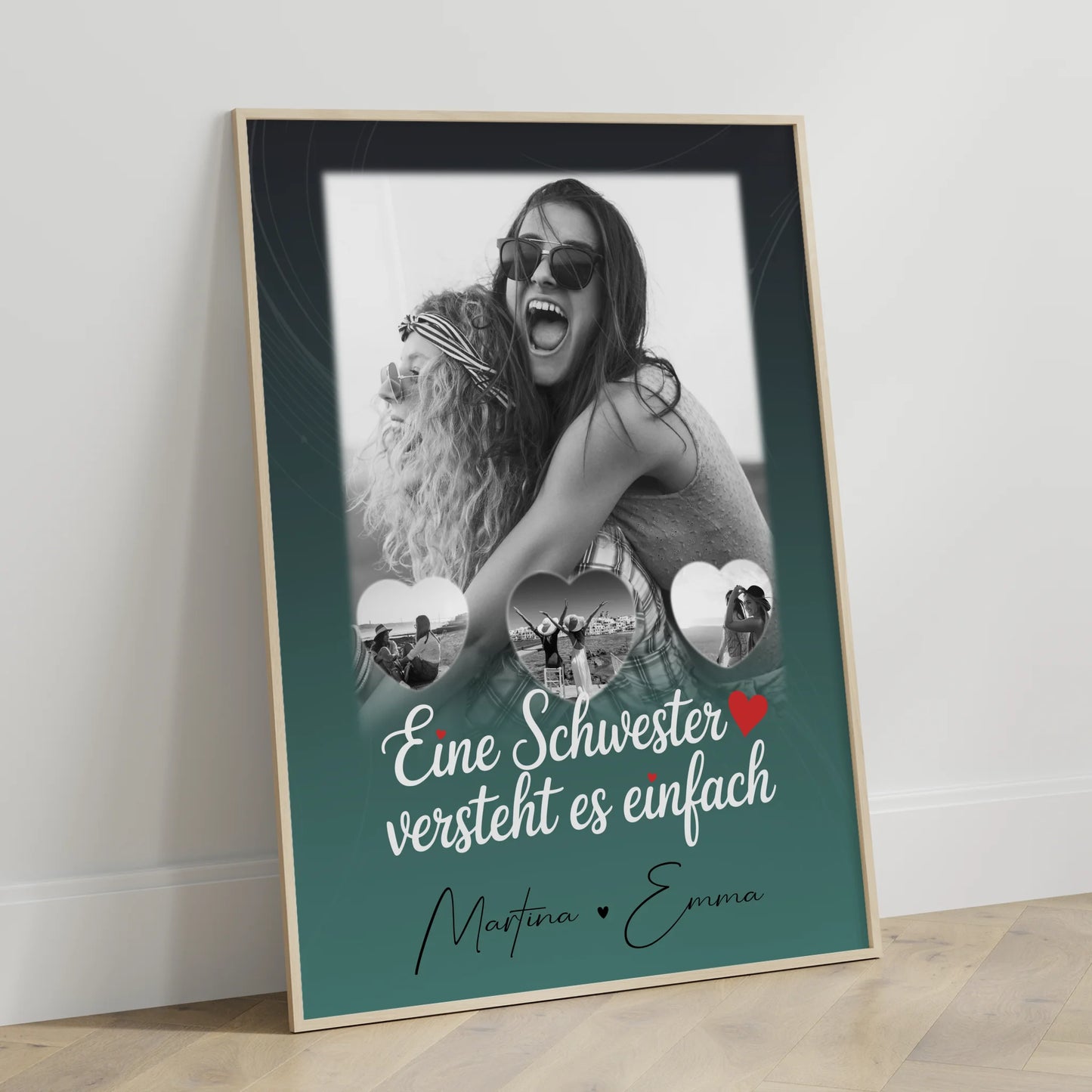 Schwester Poster Personalisiert Geschenk mit 1 Foto und 3 Kleine Herz Fotos