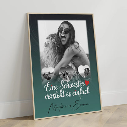 Schwester Poster Personalisiert Geschenk mit 1 Foto und 3 Kleine Herz Fotos