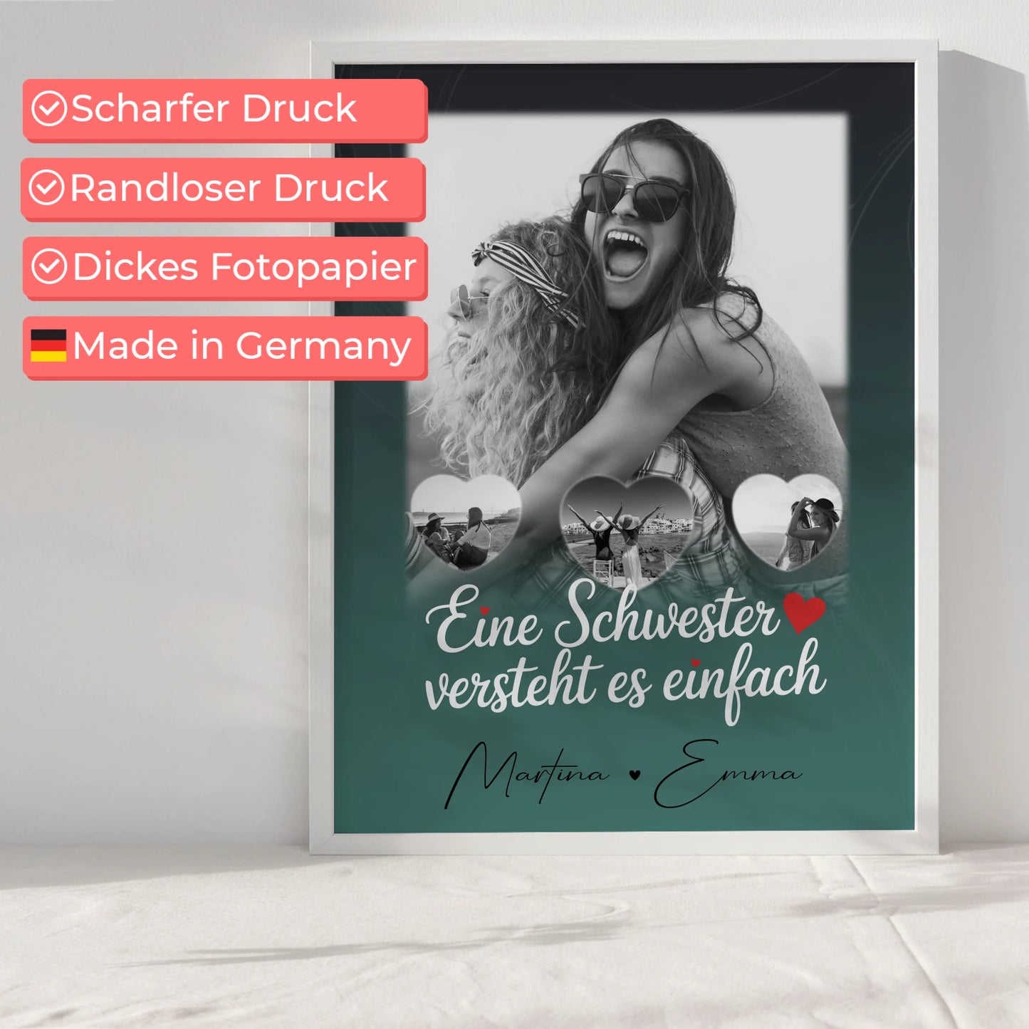 Schwester Poster Personalisiert Geschenk mit 1 Foto und 3 Kleine Herz Fotos