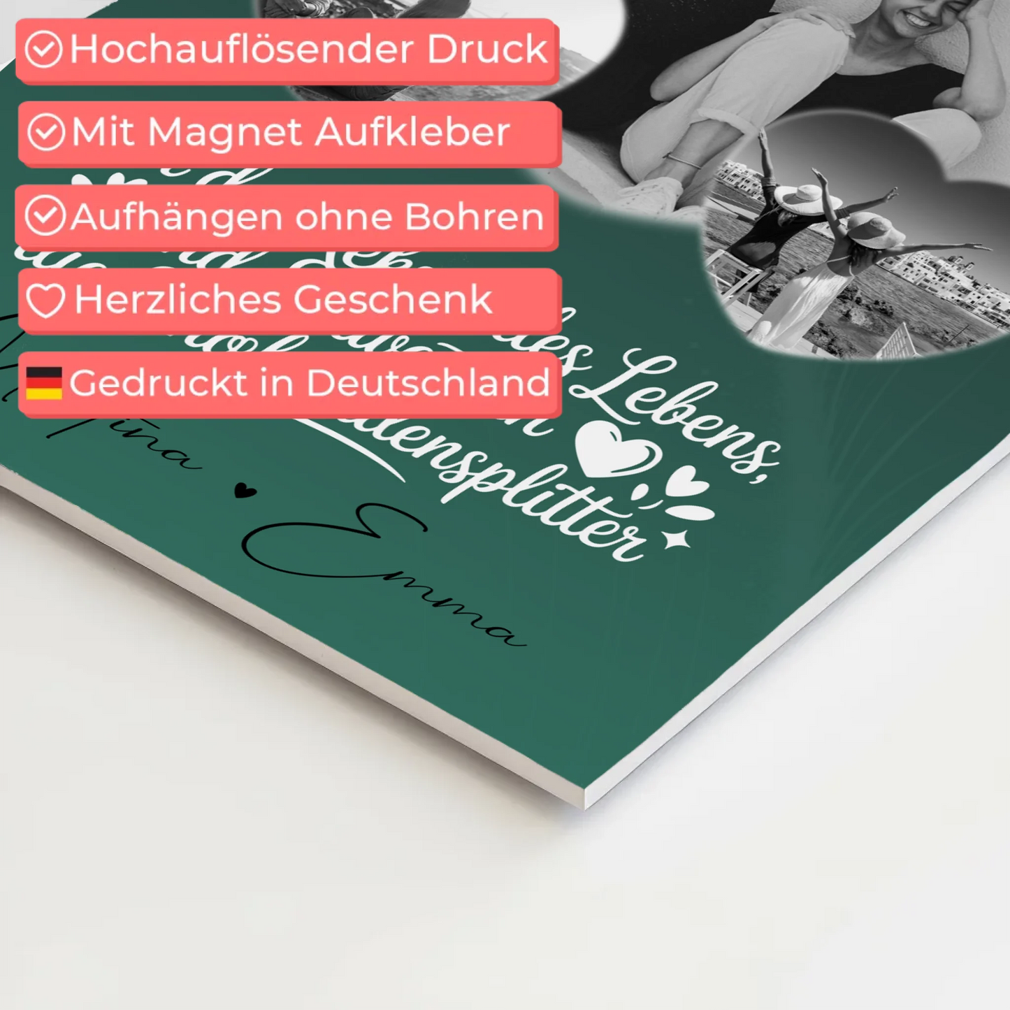 Personalisiertes Fotoboard Poster Magnetisch mit 3 Herz Fotos für individuelle Geschenke